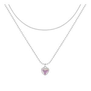 White Gold Tone Layered Necklace Heart Faux Moonstone